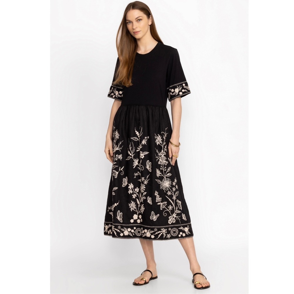 Johnny Was Black Domingo Linen Knit Mix Dress Floral Embroidery Short Sleeve‎ XS